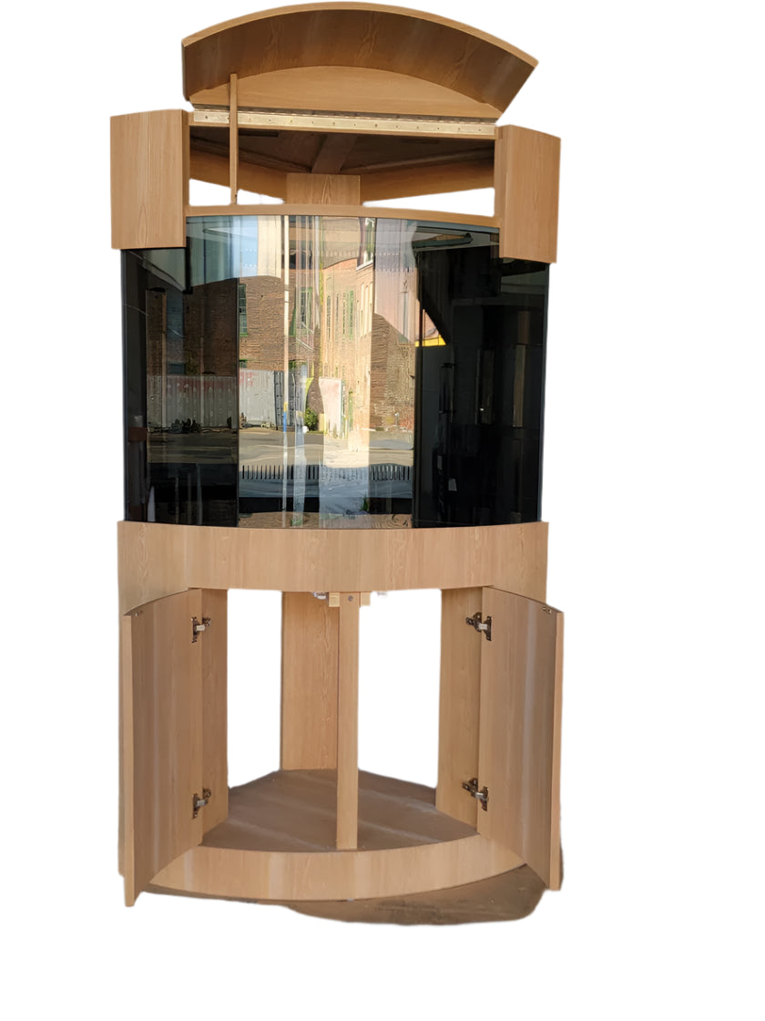 Aqua Vim Corner 1/4 Cylinder Glass Aquarium Set in Flush Unstained Wood Furniture