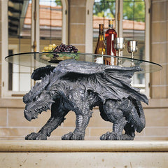 Warwickshire Gothic Dragon Glass-Topped Sculptural Coffee Table Design Toscano