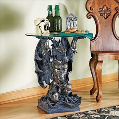 Hastings the Gothic Warrior Dragon Glass-Topped Sculptural Table Design Toscano