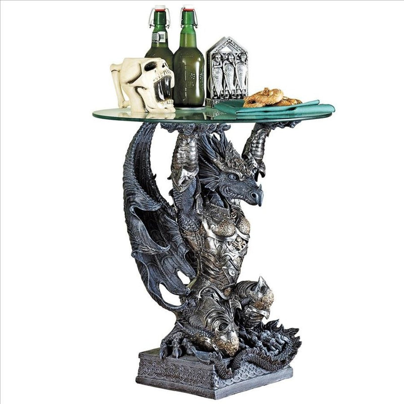 Hastings the Gothic Warrior Dragon Glass-Topped Sculptural Table Design Toscano