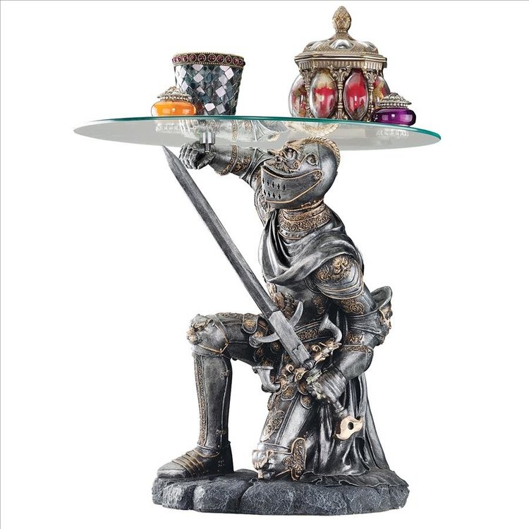 Battle-Worthy Gothic Knight Glass-Topped Sculptural Table Design Toscano