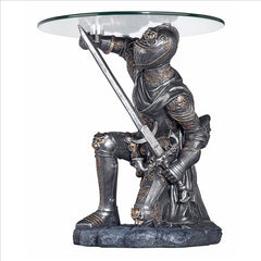 Battle-Worthy Gothic Knight Glass-Topped Sculptural Table Design Toscano