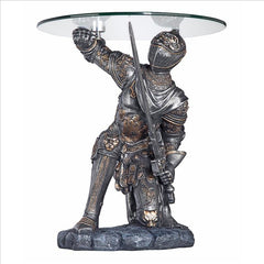 Battle-Worthy Gothic Knight Glass-Topped Sculptural Table Design Toscano