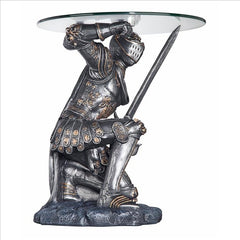 Battle-Worthy Gothic Knight Glass-Topped Sculptural Table Design Toscano