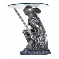 Battle-Worthy Gothic Knight Glass-Topped Sculptural Table Design Toscano