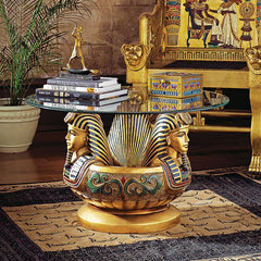 Three Heads of Tutankhamen Sculptural Glass-Topped Table Design Toscano