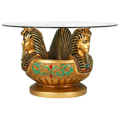 Three Heads of Tutankhamen Sculptural Glass-Topped Table Design Toscano