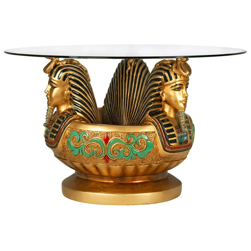 Three Heads of Tutankhamen Sculptural Glass-Topped Table Design Toscano