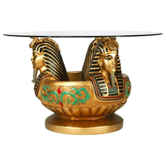 Three Heads of Tutankhamen Sculptural Glass-Topped Table Design Toscano