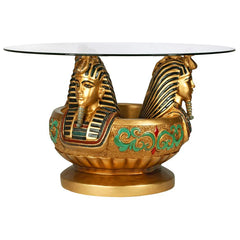 Three Heads of Tutankhamen Sculptural Glass-Topped Table Design Toscano