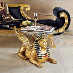 Golden Egyptian Sphinx Glass-Topped Sculptural Table Design Toscano