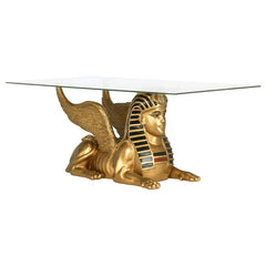 Golden Egyptian Sphinx Glass-Topped Sculptural Table Design Toscano