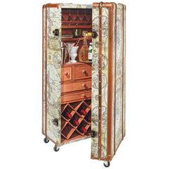 Italian-Style World Map Cocktail Bar Steamer Trunk Design Toscano