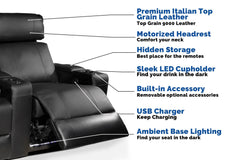 Valencia Piacenza Power Headrest Top Grain Leather Home Theater Seating Black, Black