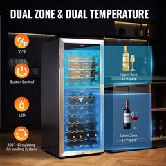 VEVOR 80-Bottle Wine Cooler Dual Zone Freestanding Refrigerator LED Light Lock