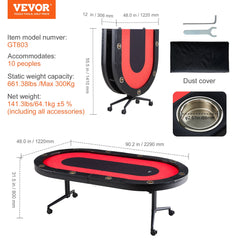 VEVOR 10 Player Foldable Poker Table, Blackjack Texas Holdem Poker Table with Padded Rails and Stainless Steel Cup Holders, Portable Folding Card Board Game Table, 90" Oval Casino Leisure Table