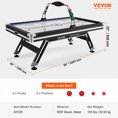 VEVOR Air-Powered Hockey Table, 89" Indoor Hockey Table for Kids and Adults, LED Sports Hockey Game with 2 Pucks, 2 Pushers, and Electronic Score System, Arcade Gaming Set for Game Room Family Home