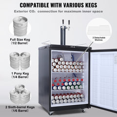 VEVOR Beer Kegerator, Dual Tap Draft Beer Dispenser, Full Size Keg Refrigerator With Shelves, CO2 Cylinder, Drip Tray & Rail, 32°F- 75.2°F Temperature Control, Holds 1/6, 1/4, 1/2 Barrels, Black