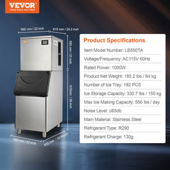 VEVOR Commercial Ice Maker, 550LBS/24H Ice Making Machine with 330.7LBS Large Storage Bin, 1000W Auto Self-Cleaning Ice Maker Machine ith 3.5-inch LED Screen for Business Bar Cafe Restaurant