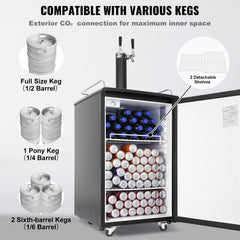 VEVOR Beer Kegerator, Dual Tap Draft Beer Dispenser, Full Size Keg Refrigerator With Shelves, CO2 Cylinder, Drip Tray & Rail, 32°F- 50°F Temperature Control, Holds 1/6, 1/4, 1/2 Barrels, Black