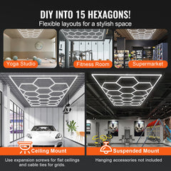 VEVOR Hexagon Garage Lights 66300LM 15 Grids Honeycomb LED Shop Ceiling Light