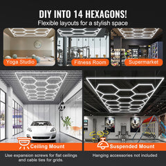 VEVOR Hexagon Garage Lights 86400LM 14 Grids Honeycomb LED Shop Ceiling Light