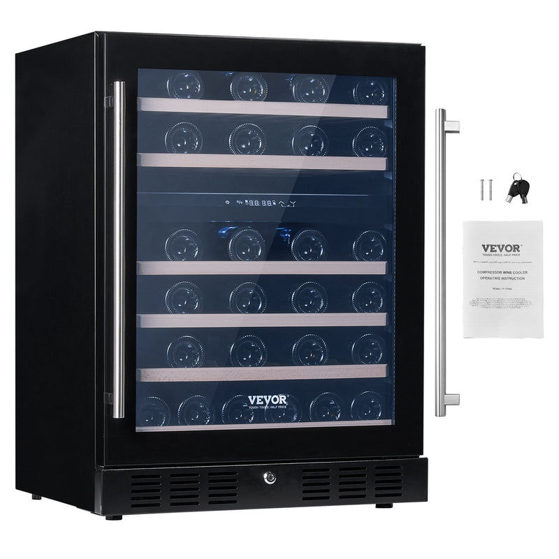 VEVOR Wine Cooler, 46 Bottles Under Counter Built-in or Freestanding Wine Refrigerator, Dual Zone Beverage Cooler with Blue LED Light, Single Door, Child Lock for Beer Soda Wine Water, ETL Listed