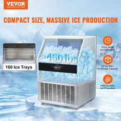 VEVOR Commercial Ice Maker, 450lbs/24H, Ice Maker Machine, 160 Ice Cubes in 12-15 Minutes, Freestanding Cabinet Ice Maker with 130lbs Storage Capacity LED Digital Display, for Bar Home Office Restaurant