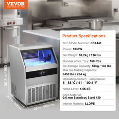 VEVOR Commercial Ice Maker, 450lbs/24H, Ice Maker Machine, 160 Ice Cubes in 12-15 Minutes, Freestanding Cabinet Ice Maker with 130lbs Storage Capacity LED Digital Display, for Bar Home Office Restaurant