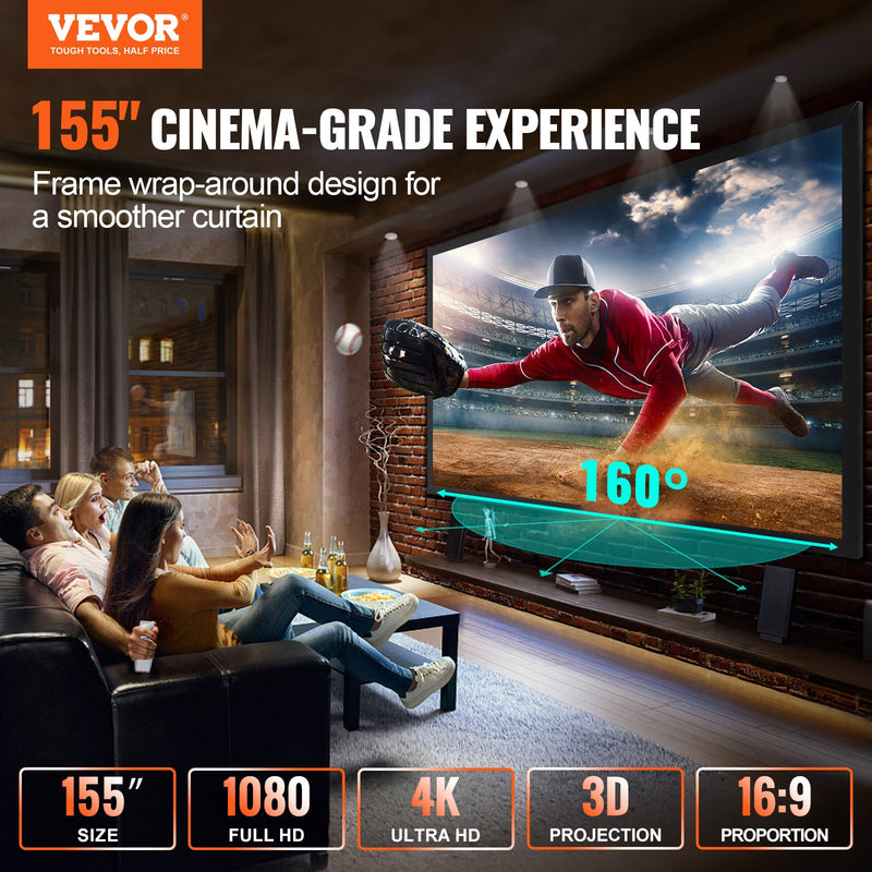 VEVOR Projector Screen Fixed Frame 155inch Projector Screen 16:9 4K HD Movie Screen Wall Mounted for Movie Theater Home