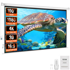 VEVOR Motorized Projector Screen 100 inch, 16:9 4K 1080 HD Automatic Projection Screen, Electric Projector Screen with Remote Control, Wall Mount Movie Screen for Family Home Office Theater