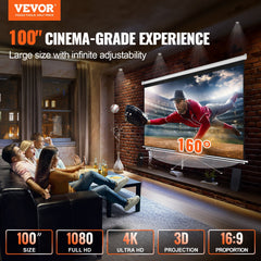 VEVOR Manual Projector Screen, 100 inch 16:9 4K 1080 HD Retractable Pull Down Projector Screen, Auto-Locking Portable Movie Screen for Family Home Office Theater