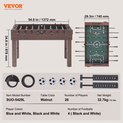 VEVOR Foosball Table, 55 inch Standard Size Foosball Table, Indoor Full Size Foosball Table for Home, Family, and Game Room, Soccer with Foosball Table Set, Includes 4 Balls and 2 Cup Holders